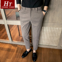 Autumn and winter casual trousers mens woolen tweed plus velvet Korean slim trend more long trousers