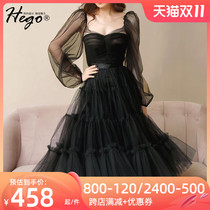 hego small black skirt dress french hebbon-style premium sexy black vintage over the knee high-end classy skirt