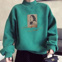 2022 new spring and autumn thin half-high collar sweater womens Korean version pullover retro green capless loose top Li Ningqi