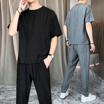 Casual sports suit Mens summer thin ice silk linen short-sleeved t-shirt Mens wear with a set of handsome summer T-shirts