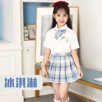 Summer dress jk uniform grid skirt original short-sleeved shirt short skirt Student college style suit Girls children pleated skirt