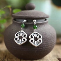 S925 pure silver earring retro patterned inlay of natural eastern mausoleum green jade beads ear nail female anti-allergy