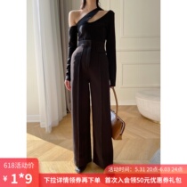 8 Fold Clear Cabin Black High Waist Wide Leggings Pants Lady Autumn Winter 2021 New Design Sense small crowdfeel Feel Casual Pants