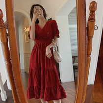 Wine Red Dress dresses with long style retro Hepburn style Super Fairy summer French style cashew with slim temperament long skirt