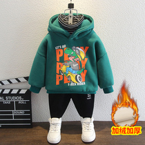 Boy plus velvet Winter Childrens dinosaur hooded base shirt handsome warm winter clothes fashionable childrens clothing tide