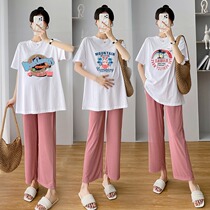 Weight and large pregnant women summer cotton short sleeve set fat MM200 mom small mom loose two pieces