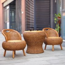 Rattan balcony table and chair three-piece tatami coffee table Tea table round stool household small chair solid wood small round table combination