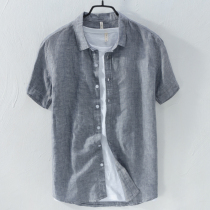 Cotton and linen short-sleeved shirt Mens trend half-sleeve loose solid color casual top clothing summer linen shirt mens clothing