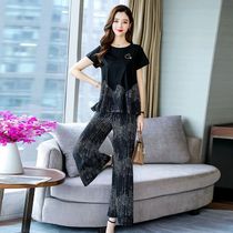 Single Piece Suit Wide Leg Pants Loose large size Slim T-shirt Woman Retro Port Taste Temperament Stylish Summer Clothing two