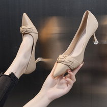 High Heels Woman 2022 New Temperament Fan Summer Fine Heel Mid Heel Pointed Shallow Mouth Fashion Single Shoe Apricot