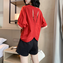 Red shirt Women summer Europe station 2021 New European style fashion pullover lantern bubble sleeve short top
