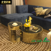 Popular neoclassical simple modern champagne gold combination tea table tempered black glass round table corner several side table 5201