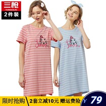 2 dress three-gun sleeping dress Sleeping Dress Woman Summer Pure Cotton Cute Loose Home Striped Short Sleeve Casual Full Cotton Home Clothing