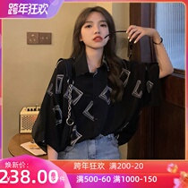 Korean vintage printed foreign style shirt female 2021 New Summer chiffon top loose size versatile short sleeve shirt