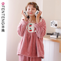 Fenten autumn and winter long sleeve coral velvet pajamas sweet pullover Lady flannel plus velvet thickened home clothing two-piece set