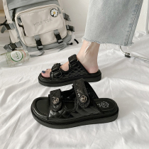 Black Slippers 2022 New Female Fashion Trends Non-slip Summer Wear Beach Pine Pastry Thick Bottom Magic Stick Cool Drag