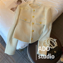 Fan-style small fragrant wind rougher coat female spring autumn season new single row of buckle round collar temperament famous yuan short long sleeve blouse