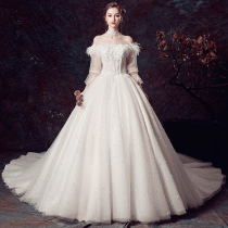 Main wedding dress female small man 2019 new bride one word shoulder tailing Moren long sleeve simple high waist pregnant women