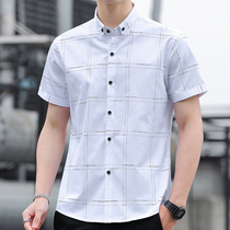 Shirt mens short-sleeved Korean version of handsome slim-fitting light luxury trend handsome casual high-end summer striped mens shirt