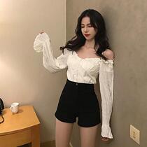 2020 new Hyuna retro Hong Kong flavor sexy suspenders shoulder pleated bubble sleeve shirt women chiffon shirt