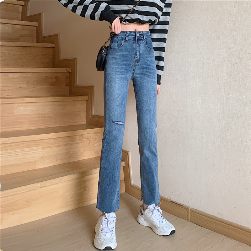 Real price 2020 new style retro high waisted skinny hole elastic raw hem nine point jeans