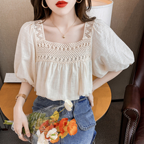 Square Collar Shirt Doll Shirt Woman Dress 2022 Summer New Lace Seduces Hollowed-out Bubble Sleeve Snow-spinning Jersey Do Nt Make Blouse