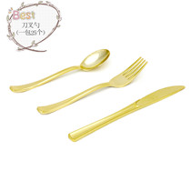 Disposable pure gold plastic Chinese and Western tableware knife and fork spoon set combination pizza fruit steak delivery package