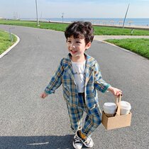 Monee Gtyel Childrens Clothing Spring and Autumn Boys Baby Korean Plaid Suit Suit Childrens Western Style Two-piece Set