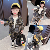 Girls  autumn suit 2021 new Korean version of western style camouflage two-piece set little girl denim baby spring and autumn thin section