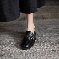 Coarse heel single shoes women spring and autumn 2021 New Square head leather retro music womens shoes flat bottom British style small leather shoes