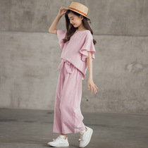 Trend Barra girls Korean version suit summer new middle and large children wide leg pants casual sports short-sleeved two-piece set tide