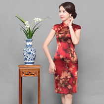 Summer mother Cheongsam silk dress Mulberry silk fashion improvement peony flower mid-length short-sleeved womens cheongsam