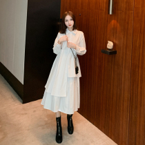  Spring and Autumn womens French retro niche waist thin temperament high waist long skirt gentle goddess fan shirt dress