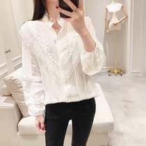 Shirt women 2020 new autumn and winter womens fashion Korean version of the fashion lace stitching top stand-up collar lace base shirt women