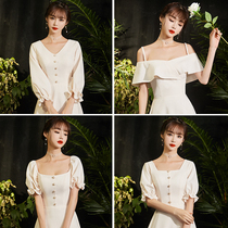 French sister group bridesmaid dress can usually be worn female 2022 new winter champagne color satin graduation dress skirt