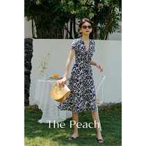 MICHELLYMO French vintage blues little Daisy floral dress V-neck tea break skirt slim Platycodon