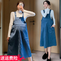 Pregnant women autumn dress solid color loose size corduroy suspender skirt Korean version strap skirt long sleeve solid color autumn