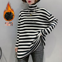 European station striped high collar base shirt female long autumn and winter thickened new foreign style loose long sleeve polished blouse