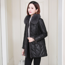zqqz leather down jacket womens long slim sheep leather mink fur fox fur collar leather jacket D407