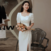 Small white dress can usually be worn in summer 2021 new license registration split dress banquet party temperament