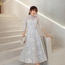 New banquet evening dress female 2020 new autumn long mid-sleeve bridesmaid dress gray dress Chinese style