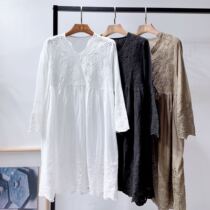 Hollowed-out rework embroidered white pure cotton one-piece dress woman autumn dress Art and art loose large size slim cotton fabric with long dresses
