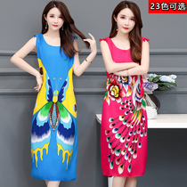 Summer new mother dress knee long dress middle-aged sleeveless top dress large size ethnic flower dress