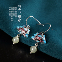 Chinese wind light and luxurious enamel burn blue earrings dark fragrance rich and expensive peony retro pure silver temperament personality female earthen silver accessories