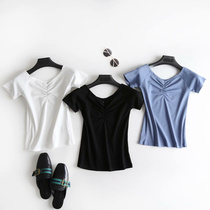 T113 giant skinny chest pleats Double V neck short sleeve T-shirt shoulder slim base shirt French top women