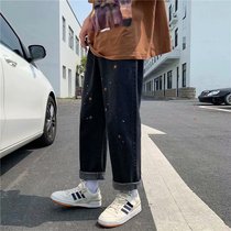 2021 new vintage old jeans men design sense personality print Korean loose straight trend ankle-length pants