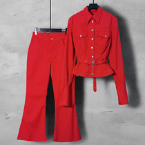 (Limited time special spike)Foreign style festive denim shirt set H Red New Year and autumn flared pants two-piece set