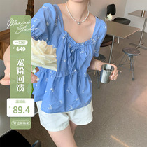 (Pet feedback : 60% off buy non - quality problems do not change ) Blue broken blue square collar short sleeve tops
