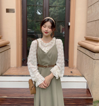 MOBAI homemade retro harnesses one-piece dress lady autumn and winter new body slim fit slim V collar bottom with high waist dresses