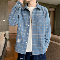 Shirt jacket mens spring and autumn Korean version of the trend Joker Ruffian handsome plaid shirt mens coat Tide brand autumn clothing